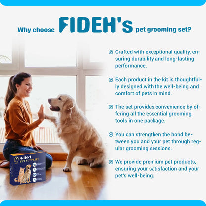 FIDEH’S 4-In-1 Pet Supplies-Reusable Cat and Dog Hair Remover Brush +Pet Grooming Double Sided Shedding Brush+Pet Nails Clippers & Trimmers+Razor Sharp Blade+Nylon Pet Collar for Medium Dogs (4Pcs Pink)
